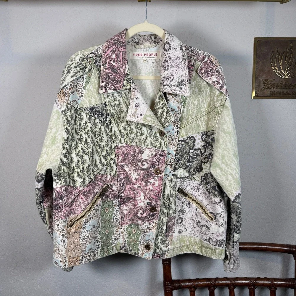 Free People Womens Patchwork Denim Jacket Paisley Floral Multi Color XS - Picture 2 of 11
